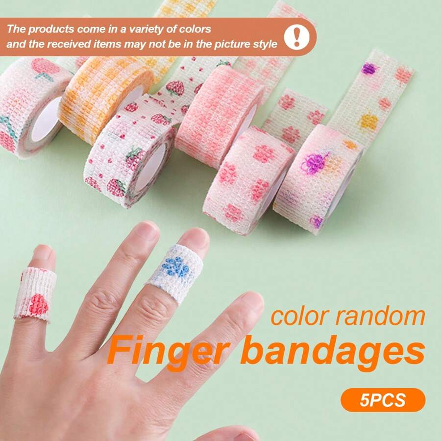 5PCS Self-Adhesive Elastic Bandage, Cute Cartoon/Solid Color Finger Bandages For Students - Anti-Wear Hand Tape For Writing/For Fixing Fingers, Toes, Nude Sport Tape, Self-Adhesive Finger Cover (Color Random) Gym Accessories Sales Sports Tape