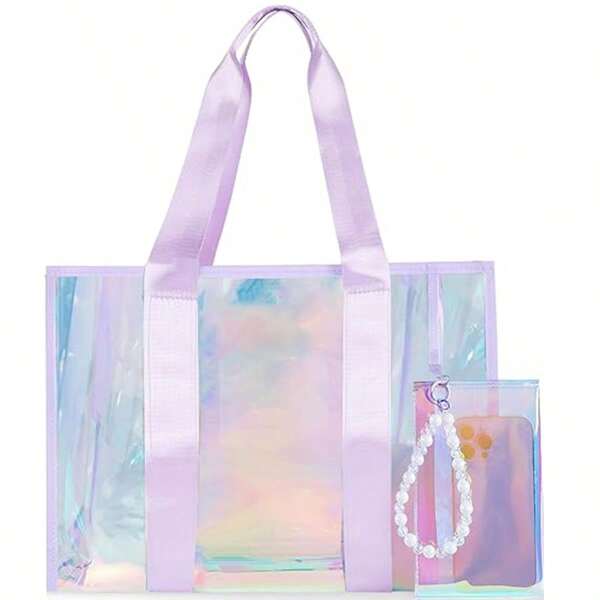 Large Beach Tote Bag For Women 26L Waterproof Sandproof Beach Bag With Zipper Pouch, Jacquard Strap Iridescent Clear Tote Bag For Vacation, Holiday, Travel, Beach, Swimming, Pool, Cruise, Boat Bag, Perfect For Beach Vacation, Shopping, And Vacation Essentials