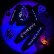 2 piezas Conjunto de disfraz de niñas bebé con estampa de esqueleto de manga larga y pantalones