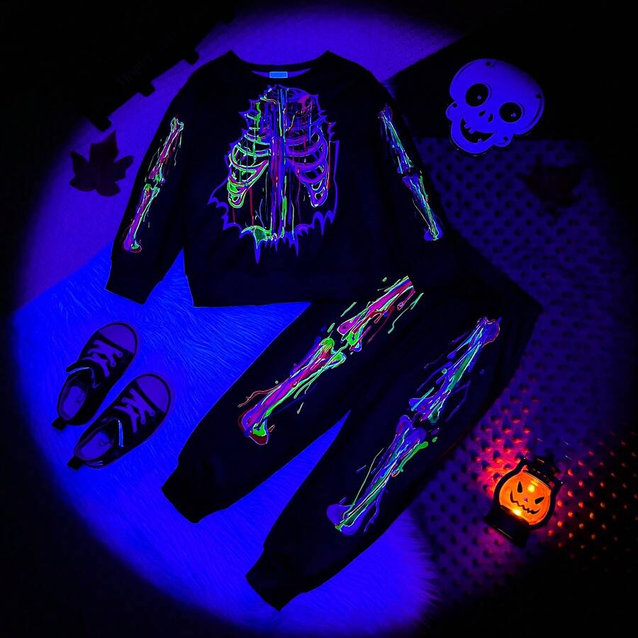 2 piezas Conjunto de disfraz de niñas bebé con estampa de esqueleto de manga larga y pantalones