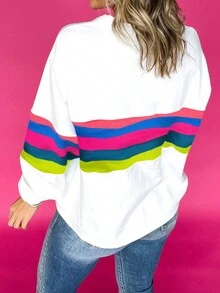 女士年轻时尚撞色圆领螺纹印花拼接长袖通勤可爱连帽上衣T恤 - 白色 - 查看 2