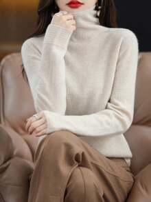 Áo len cổ lọ dệt kim mềm mại 100% len Merino không đường may dành cho nữ, áo len chui đầu cổ điển, áo len dệt kim dài tay ấm áp cho mùa thu đông - trắng - Xem 1