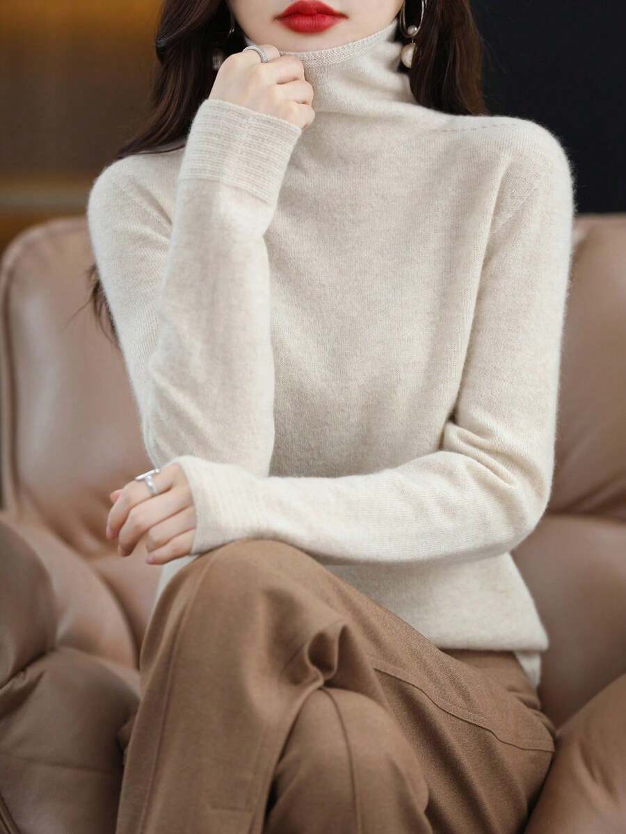 Áo len cổ lọ dệt kim mềm mại 100% len Merino không đường may dành cho nữ, áo len chui đầu cổ điển, áo len dệt kim dài tay ấm áp cho mùa thu đông - trắng - Xem 1