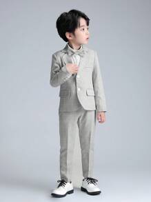 Conjunto de 3 piezas de traje de cuadros para niño pequeño, que incluye chaqueta, pantalones y corbata de moño para ocasiones formales, bodas, actuaciones y la escuela, otoño - Gris - Ver 3