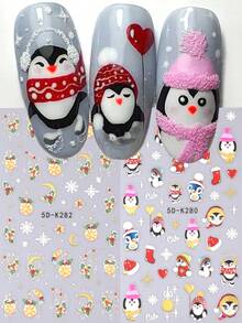 5D 圣诞浮雕指甲贴纸 2 件金色红色橙色冬青浆果月亮雪花心形卡通企鹅帽气球设计 DIY 冬季圣诞节自粘凝胶抛光雕刻沙龙美甲贴花滑块美甲装饰 - 彩色 - 查看 2