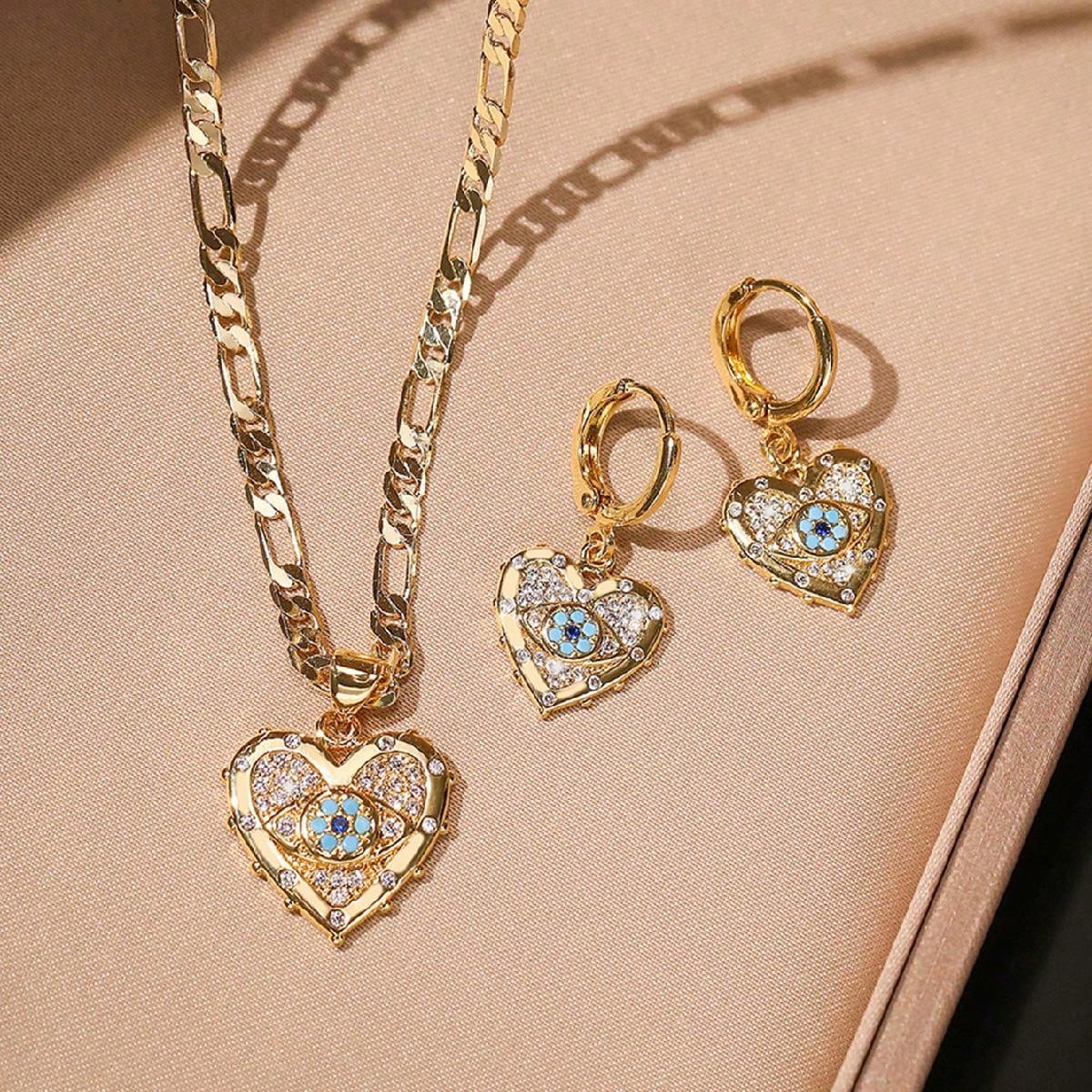 Conjunto de joyería de 3 piezas con colgante y aretes de ojo de diablo y corazón enchapado en cobre con circonita, un conjunto de joyas de moda pers