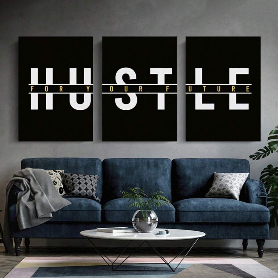 Framed 3 Piece Hustle For Your Future Canvas Art Set Motivational Wall Decor Inspirational Cavnas Wall Art Hustle Posters Prints Modern Artwork Ideal Gift For Bedroom Living Room Corridor Home Decoration - 黑色 - 查看 1