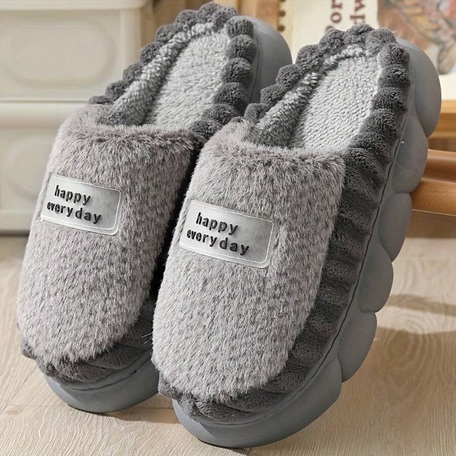 Cozy Home Slippers 'Happy EveryDay' Label Decoration, Warm Plush Slippers, Couples