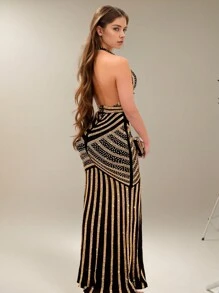 Women's Sexy V-Neck Party Ball Gown Dress (Heavily Embellished) Elegant Prom Semi Formal Wedding Guest Dress, For Birthday, Graduation, Homecoming - 金色 - 查看 2