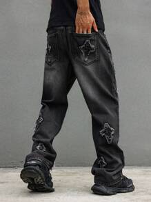 Grunge Goth Y2K Style Men's Cargo Pants With Pentagram Patch, Straight Leg Pockets, Casual Loose Fit Streetwear Jeans - Black - View 5