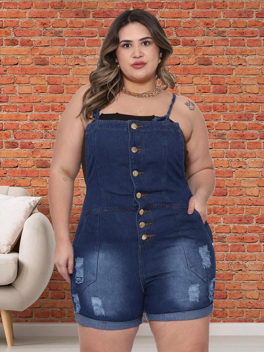 Plus Size Denim Jumpsuit Dungarees Short Tank Top Destroyed Retro (Short Jumpsuit) EWF - Dark - Màu xanh hải quân - Xem 1