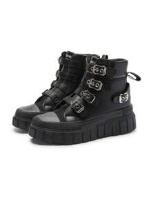 秋冬女士四季舒适厚底厚底休闲短靴带绑带黑色平底踝靴运动鞋女靴 - 黑色 - 查看 2