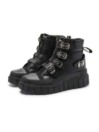 秋冬女士四季舒适厚底厚底休闲短靴带绑带黑色平底踝靴运动鞋女靴