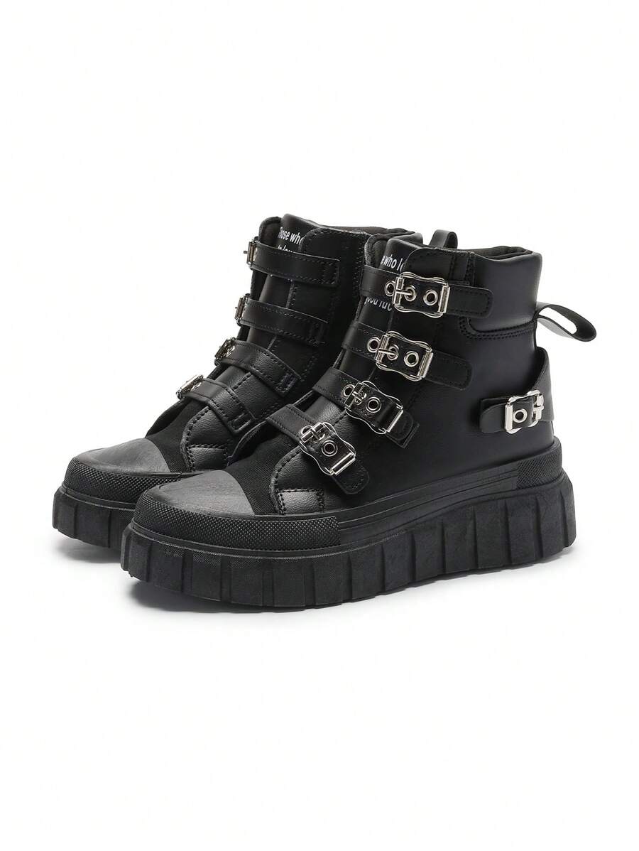 秋冬女士四季舒适厚底厚底休闲短靴带绑带黑色平底踝靴运动鞋女靴