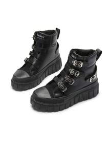 秋冬女士四季舒适厚底厚底休闲短靴带绑带黑色平底踝靴运动鞋女靴 - 黑色 - 查看 4