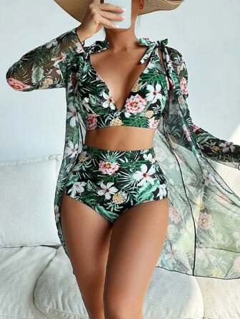 Conjunto de bikini con estampado tropical de tres piezas sujetador de empuje y bottom de bikini tipo hipster y kimono para mujer estilo vacaciones de verano en la playa