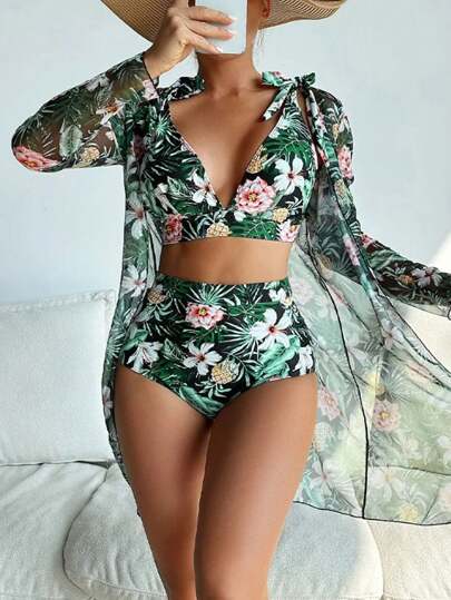 Conjunto de bikini con estampado tropical de tres piezas sujetador de empuje y bottom de bikini tipo hipster y kimono para mujer estilo vacaciones de verano en la playa
