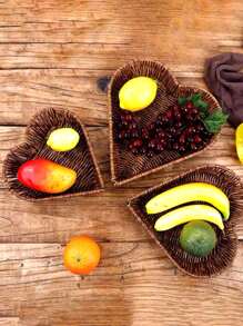 1pc Woven Heart-Shaped Rattan Basket, Reusable Woven Fruit Tray Suitable For Desserts, Snacks, Breads, Kitchen Utensil Storage And Room Decor - Brown - View 4