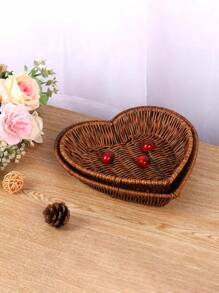 1pc Woven Heart-Shaped Rattan Basket, Reusable Woven Fruit Tray Suitable For Desserts, Snacks, Breads, Kitchen Utensil Storage And Room Decor - Brown - View 6