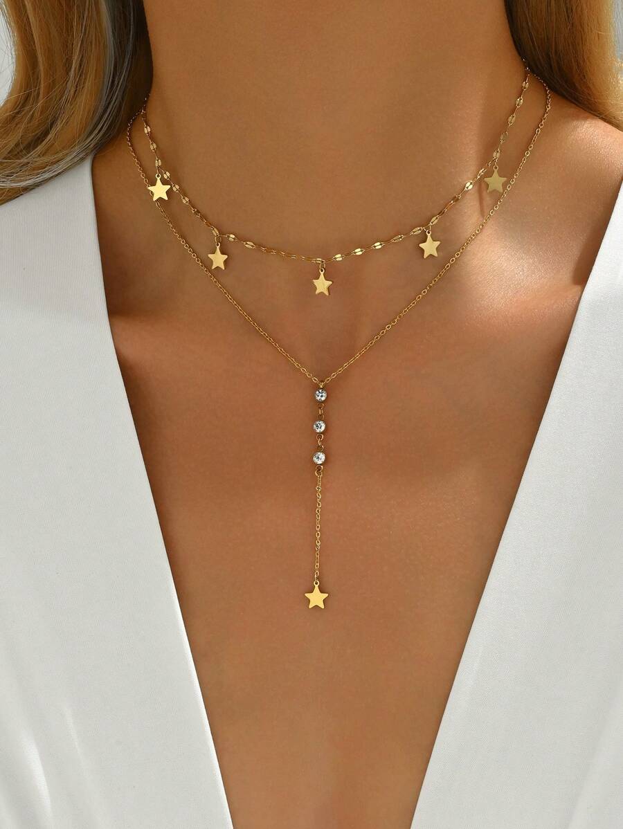 LIEBEIRIS 1pc 18k Gold Plated Stainless Steel Double-Layer Octagonal Star Cubic Zirconia Necklace, Suitable For Daily Wear And Gift - Yellow Gold - View 1