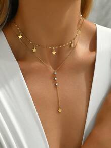 LIEBEIRIS 1pc 18k Gold Plated Stainless Steel Double-Layer Octagonal Star Cubic Zirconia Necklace, Suitable For Daily Wear And Gift - Yellow Gold - View 3