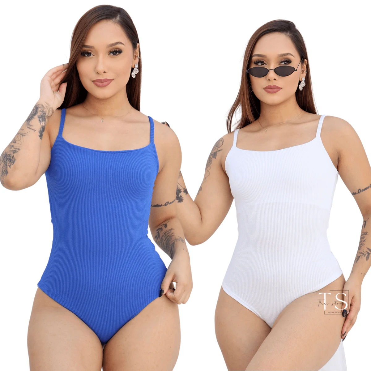 KIT 2 Women's Bodysuit With Thin Straps Premium Ribbed Terrycloth Straps - 白色和寶藍色 - 查看 1