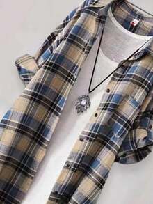 女士休闲长袖格纹衬衫，秋季 - 藍色 - 查看 3