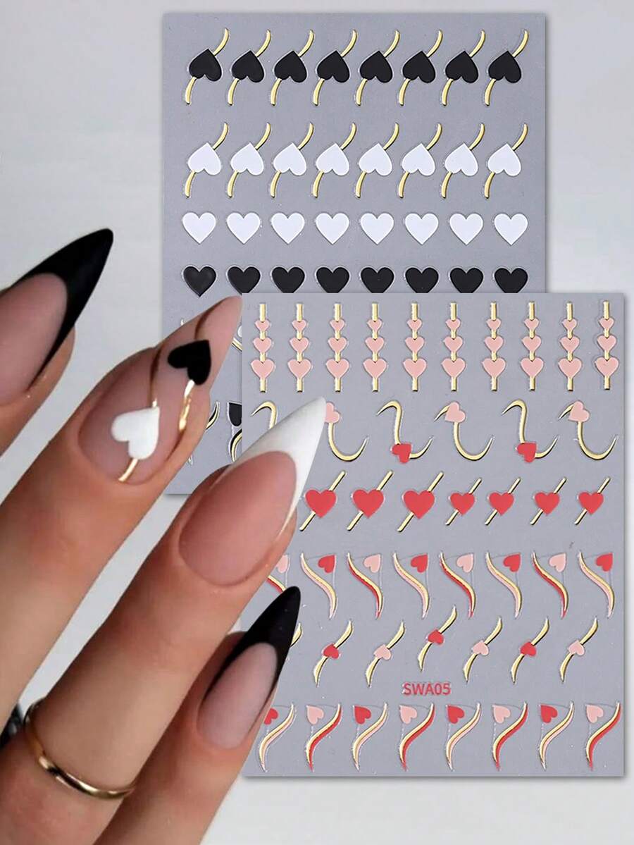 2 miếng dán móng tay họa tiết hình trái tim, nhãn dán móng tay 3D dán hình trái tim màu đen và đỏ tối giản cho ngày lễ tình nhân - Nhiều màu - Xem 1