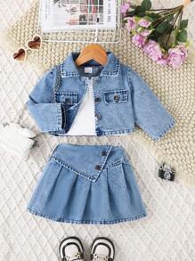 女婴学院风夹克、吊带背心和百褶裙三件套，秋冬 - 藍色 - 查看 2