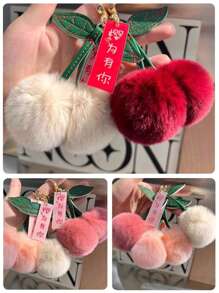 1 件可爱毛绒樱桃形钥匙扣吊坠，包包饰物，适合日常通勤、旅行、赠送给朋友情人节情人节汽车配件学校背包哥特 Y2k 包包配件挂绳带身份证夹汽车配件包包饰物