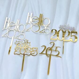1个/3个 Hello 2026 金色亚克力蛋糕装饰插牌，适用于新年、圣诞节派对蛋糕装饰用品