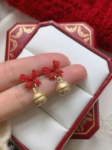 1pc Christmas Red Bow Bell Stud Earrings, Small And Fashionable New Year Gift And Christmas Decoration