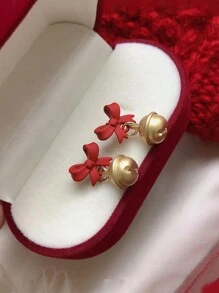 1pc Christmas Red Bow Bell Stud Earrings, Small And Fashionable New Year Gift And Christmas Decoration