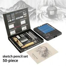 50 Pack Drawing Set Sketch Kit, Sketching Supplies With 3-Color Sketchbook, Graphite, And Charcoal Pencils - 黑色 - 查看 4