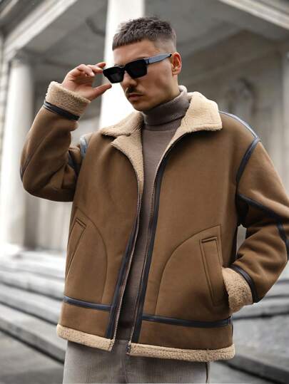 Men's Long Sleeve Casual Loose Thick Fleece Warm Jacket, For Fall Winter, Grunge