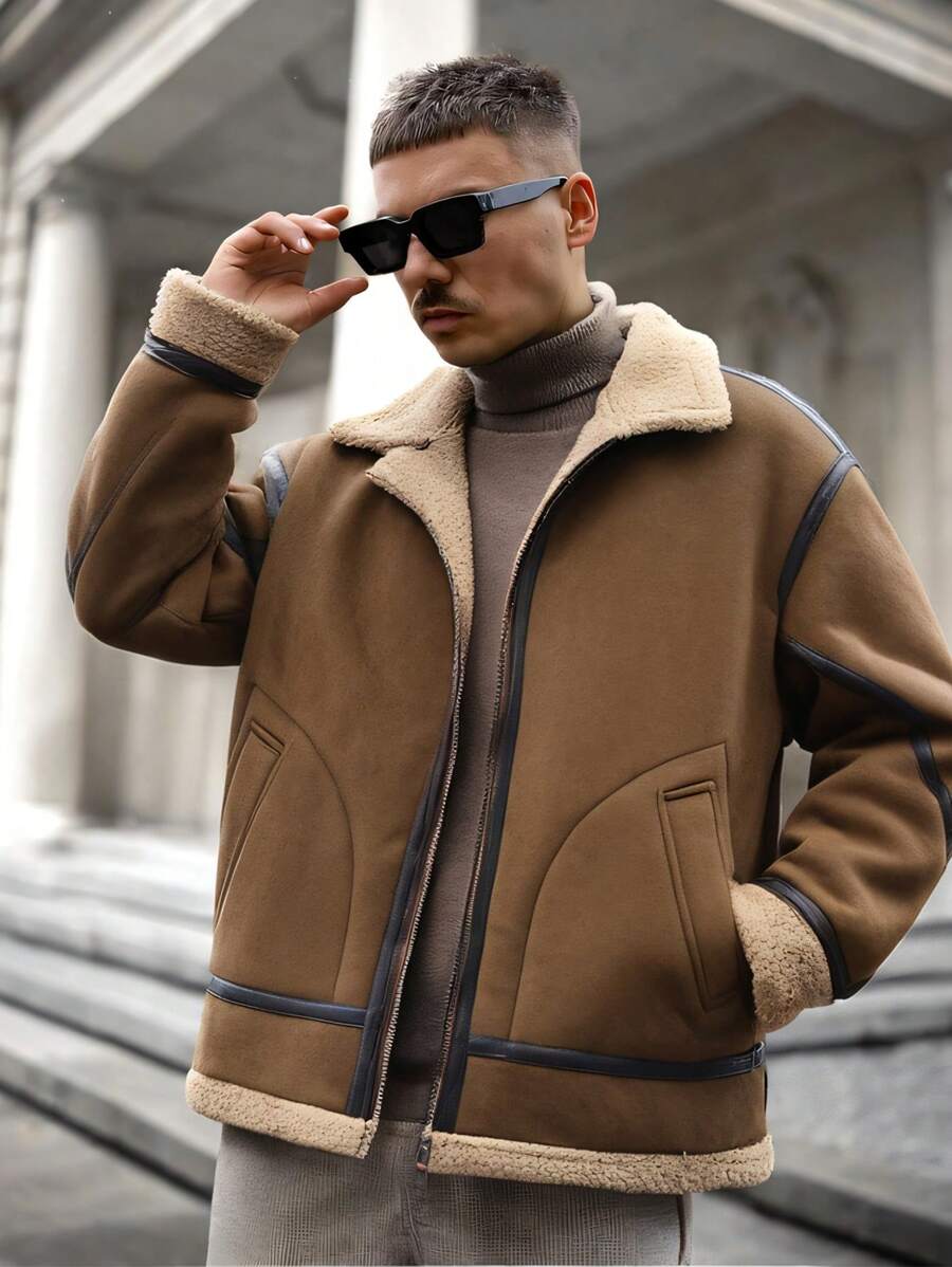 Men's Long Sleeve Casual Loose Thick Fleece Warm Jacket, For Fall Winter, Grunge - Brown - View 1