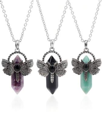 1 Stück Heilstein Kristall Halskette für Frauen und Männer, süßer Anhänger in Tierform Libelle, hexagonaler spitzer Fluorit, Labradorit, Rosenquarz, Amethyst, Schwarzer Obsidian, Reiki Schmuck H479