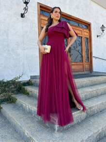 LONG WEDDING PARTY DRESS FOR GODMOTHER IN TULLE WITH SHINE AND BOW - 紅木色 - 查看 1