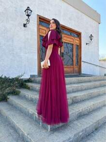 LONG WEDDING PARTY DRESS FOR GODMOTHER IN TULLE WITH SHINE AND BOW - 紅木色 - 查看 2