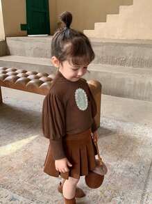 小女童高領羊腿袖卡通圖案T恤 - 紅木色 - 查看 5