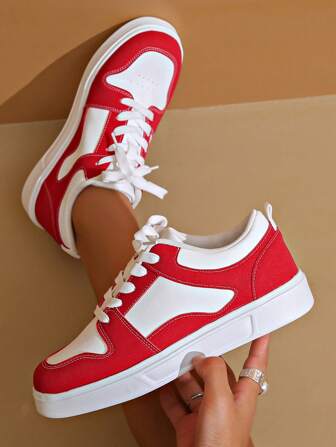 Fall/Winter Red Canvas Sneakers With Lace-Up, Thick Sole, Round Toe For Women