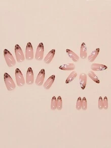 24 piezas de nuevas uñas postizas con forma de almendra, estilo elegante y sencillo de Europa y Estados Unidos, con diseños de orquídea francesa y estampado de leopardo, especialmente diseñadas para mujeres, reutilizables, con manicura natural en 2 minutos, que incluye 1 pieza de pegamento de gelatina y 1 tira, adecuadas para uso diario, vacaciones, actividades al aire libre, campus y otros eventos - Multicolor - Ver 2