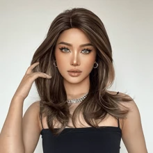 Tóc giả gợn sóng màu nâu quyến rũ với điểm nhấn màu vàng - Tóc tổng hợp chịu nhiệt cho tiệc Halloween, lễ hội Giáng sinh, đám cưới và cosplay - Xem 4