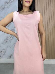 Women's Linen Midi Dress With Pockets Plain Wide Straps Elegant - 淺粉色 - 查看 5