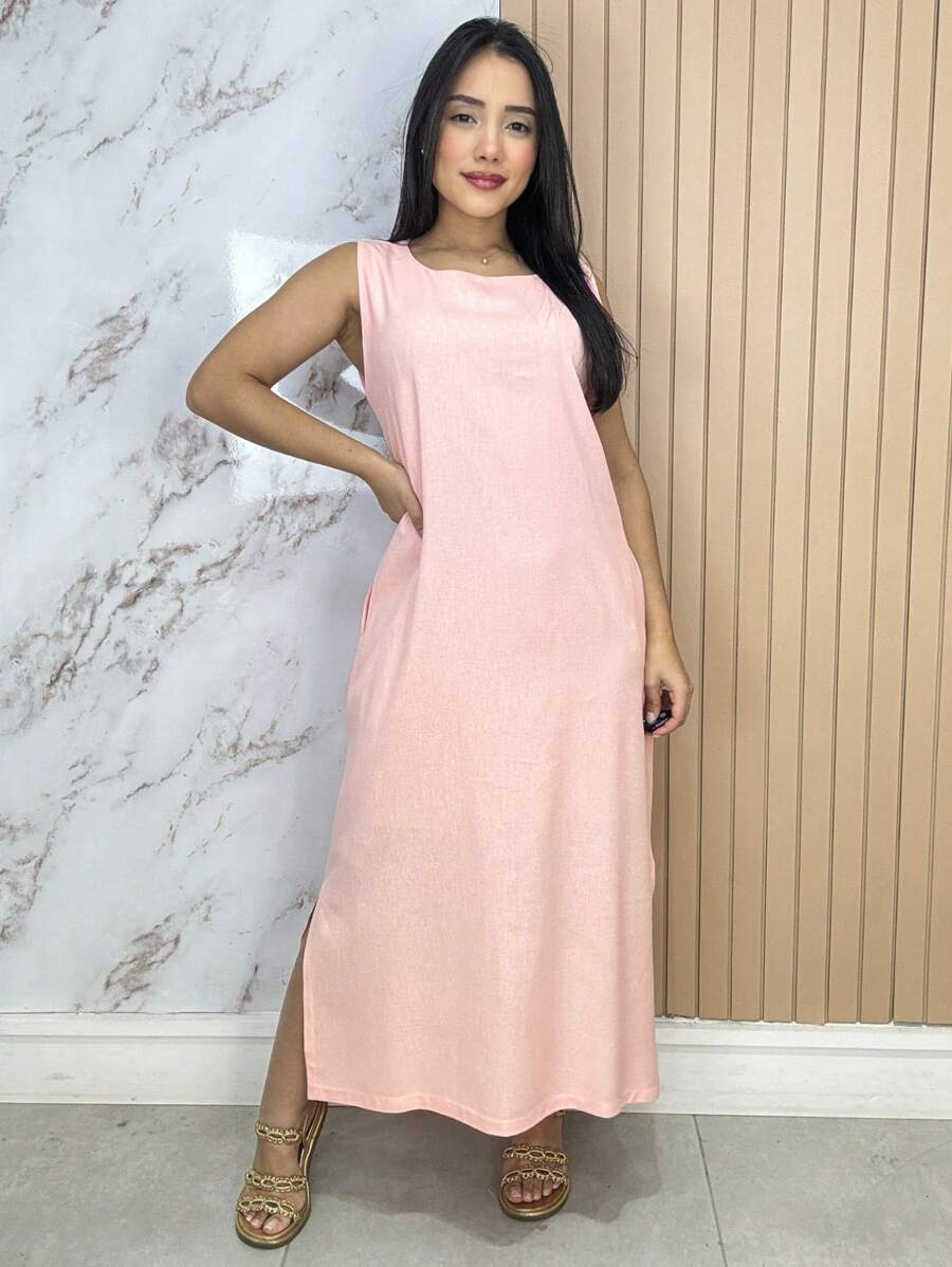 Women's Linen Midi Dress With Pockets Plain Wide Straps Elegant - 淺粉色 - 查看 1