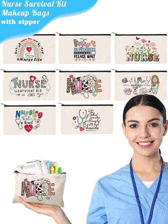 1 pieza/5 piezas/10 piezas Bolsa de lona con diseño de temática de enfermera con cremallera, bolsa de equipo de supervivencia, bolsa para medicamentos con estampado de letra/flor/leopardo/corazón/arcoíris, bolsa divertida para maquillaje, bolsa de aseo portátil para viajes, organizador de maquillaje, bolsa de cosméticos, bolsa de baño, para vacaciones en la playa, colección de baño, colección de dormitorio, gran capacidad