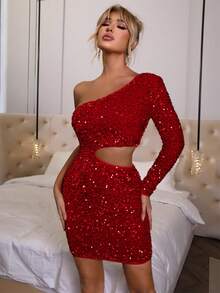 Joyfunear Women's Celebratory Sparkly Cutout Waist One Shoulder Mini Dress - Red - View 2