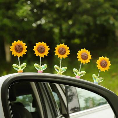 1pc/2pcs/3pcs/4pcs/5pcs Cute Shaking Sunflower Car Ornament Healing Flower Car Center Console Rearview Mirror Decoration
