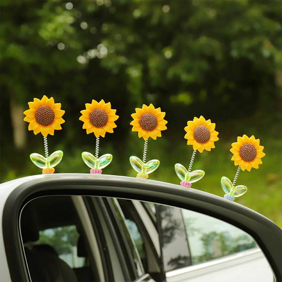 1pc/2pcs/3pcs/4pcs/5pcs Cute Shaking Sunflower Car Ornament Healing Flower Car Center Console Rearview Mirror Decoration