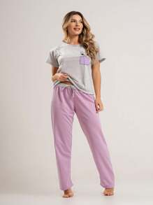 Women's Pajamas With Short Raglan Sleeves And Long Trousers In Comfortable Mesh, Dyeu Night Line - Màu đỏ tím - Xem 1